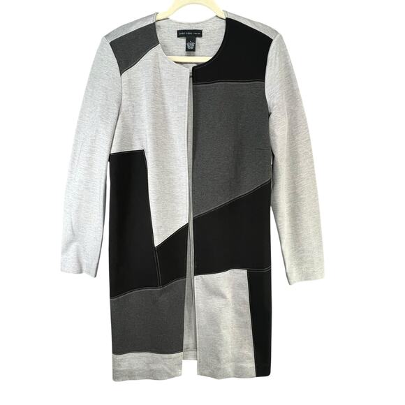 Joan Vass New York Statement Cardigan Duster L Gray Black Colorblock Open Front - Picture 2 of 14